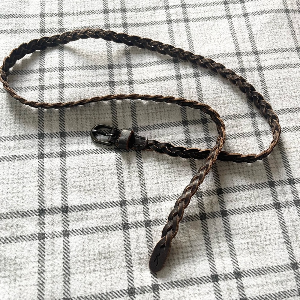 Hollister Braided‎ Leather Belt Dark Brown Woven Skinny Seagull Logo Boho Small
